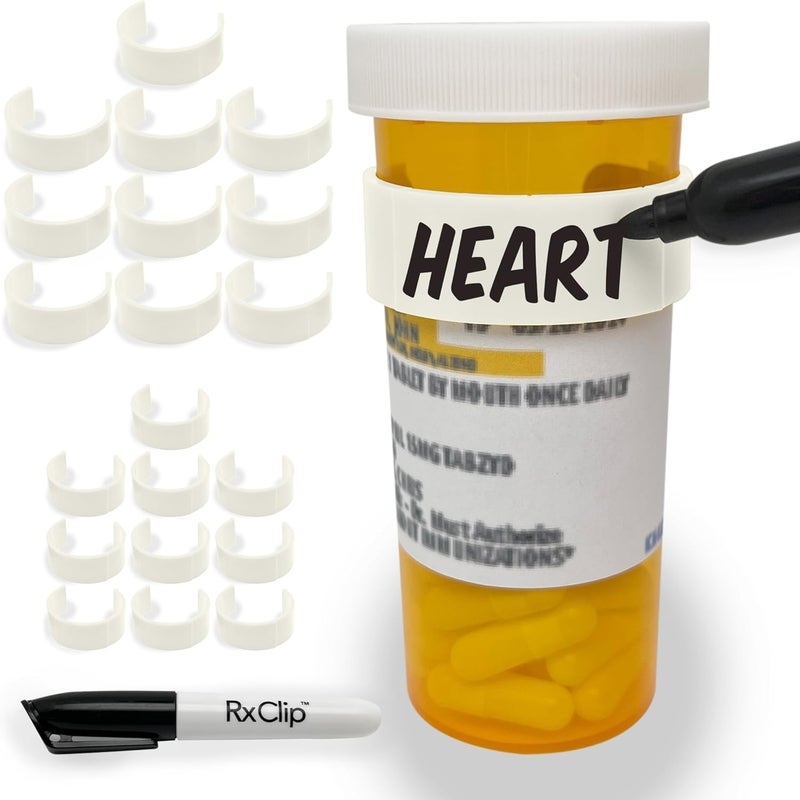 RxClip 20 Pack Medicine Bottle Label Clips for Easy Medication Identification - 20ct Multipack with Marker (White) - Image 1